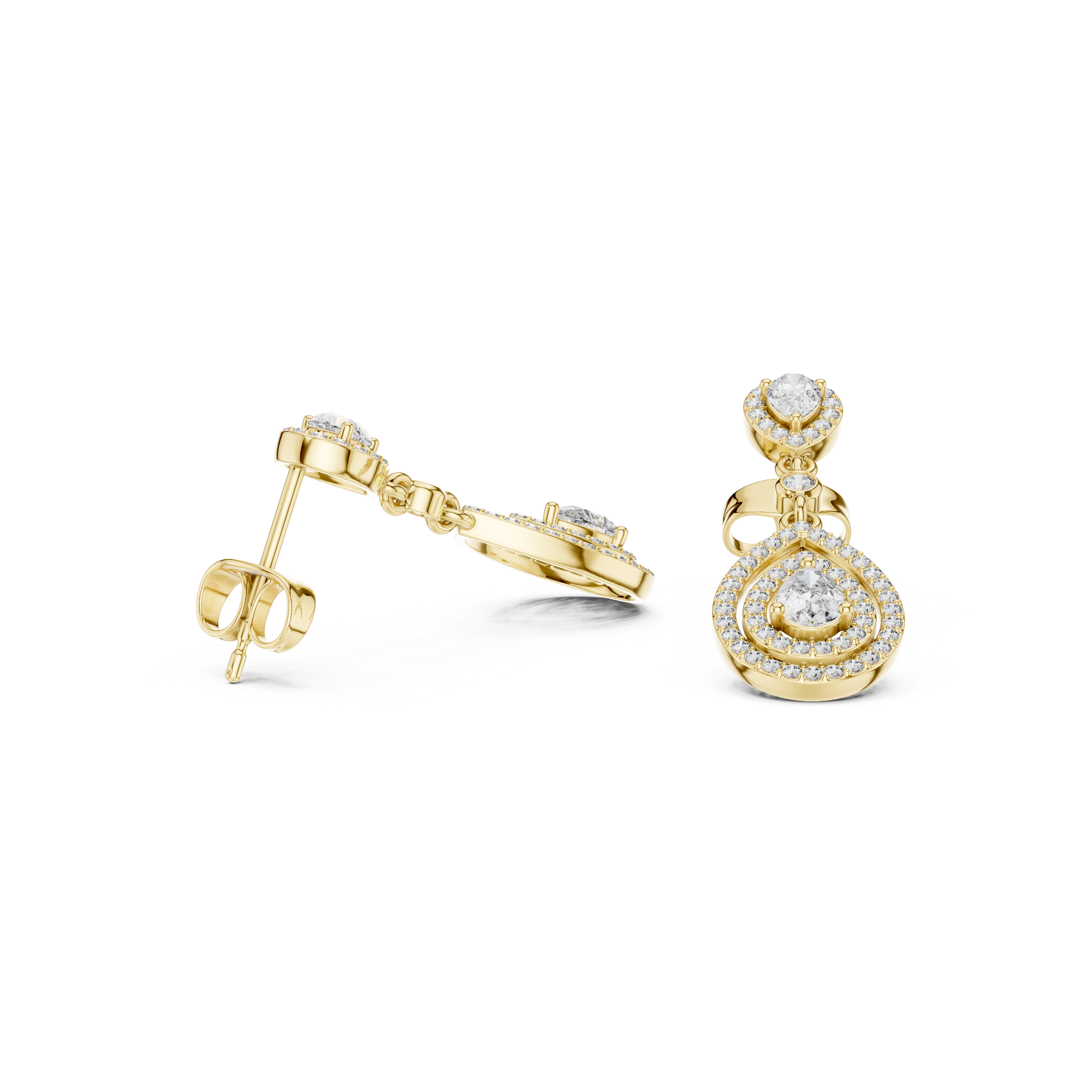 Tiered halo pear drop diamond earrings in yellow gold tone, pear center