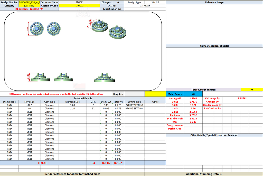 CAD sheet showing round double halo stud earring design in blue and green