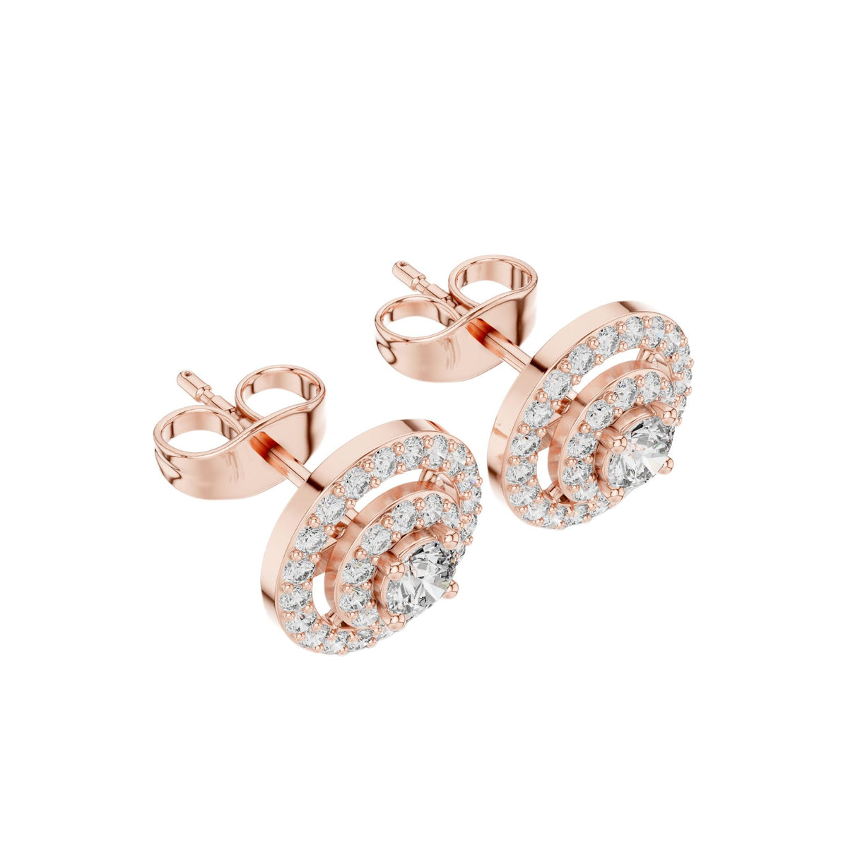 Rose gold double halo round stud earrings, angled view with pavé halos and center stones