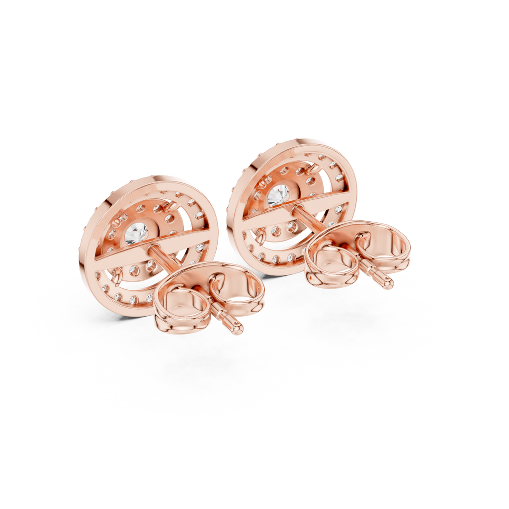 Round double halo stud earrings with small clear stones, rose gold tone
