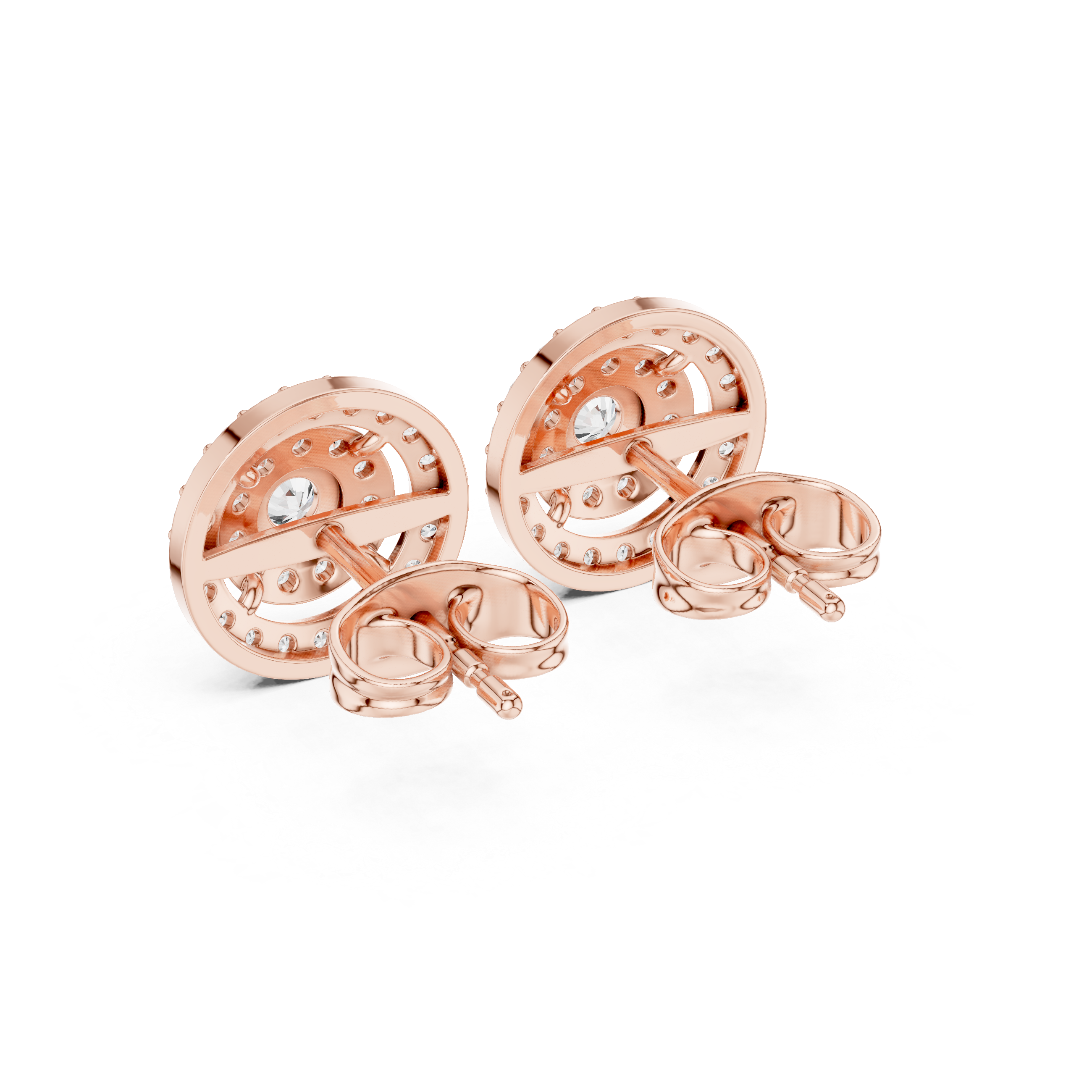 Round double halo stud earrings with small clear stones, rose gold tone