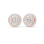 Round double-halo stud earrings with central round diamond, rose-gold setting.