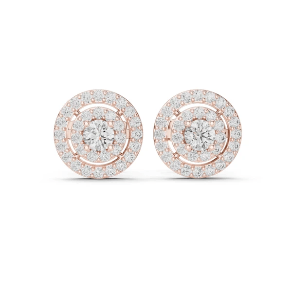 Round double-halo stud earrings with central round diamond, rose-gold setting.