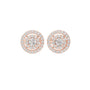 Rose gold double halo round stud earrings with radiant center stones and pavé accents