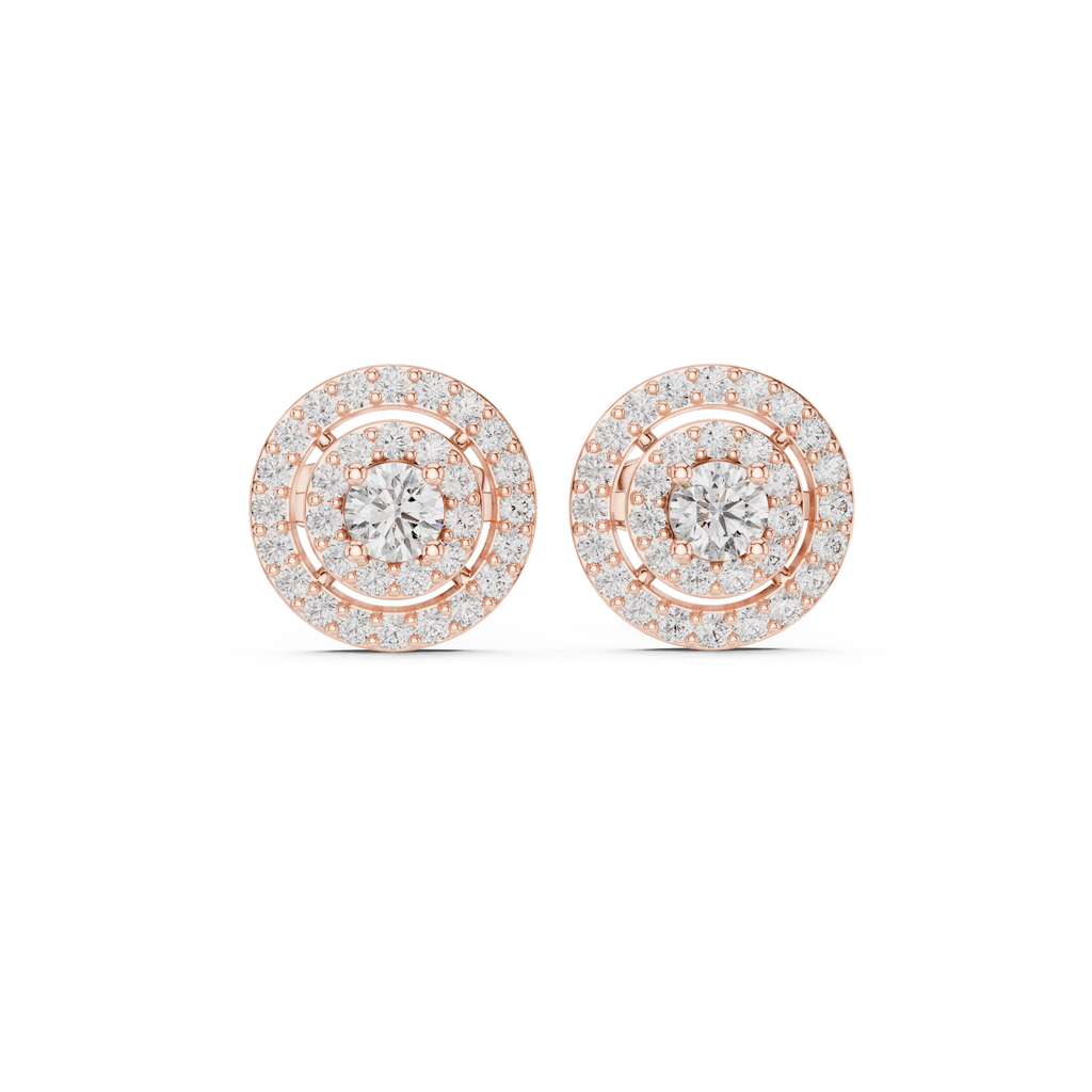 Rose gold double halo round stud earrings with radiant center stones and pavé accents