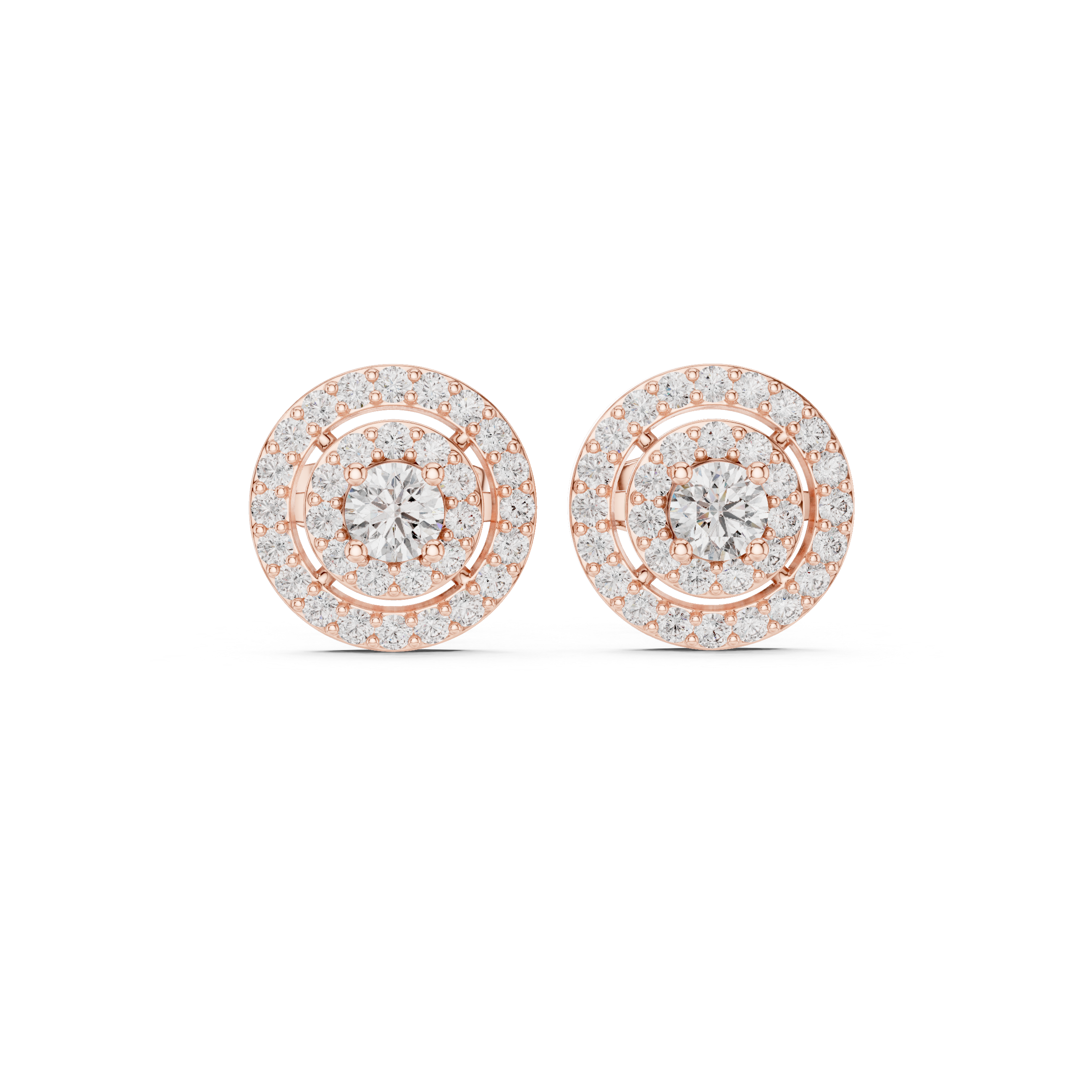Rose gold double halo round stud earrings with radiant center stones and pavé accents