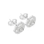 White double halo round stud earrings, angled view with pavé halos and center stones