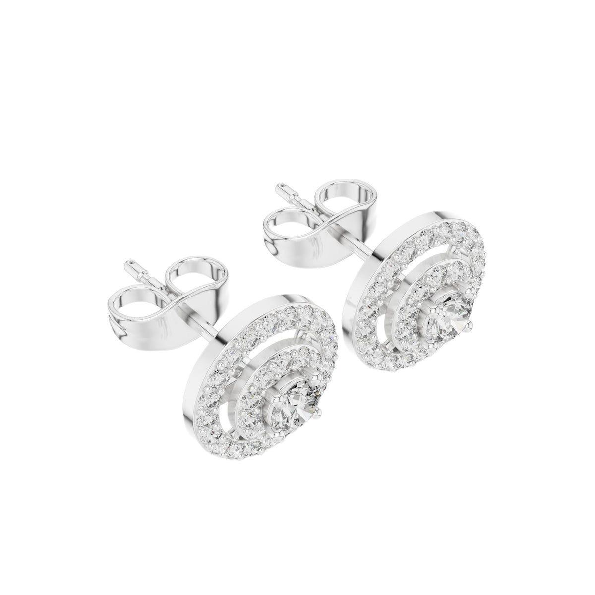 White double halo round stud earrings, angled view with pavé halos and center stones