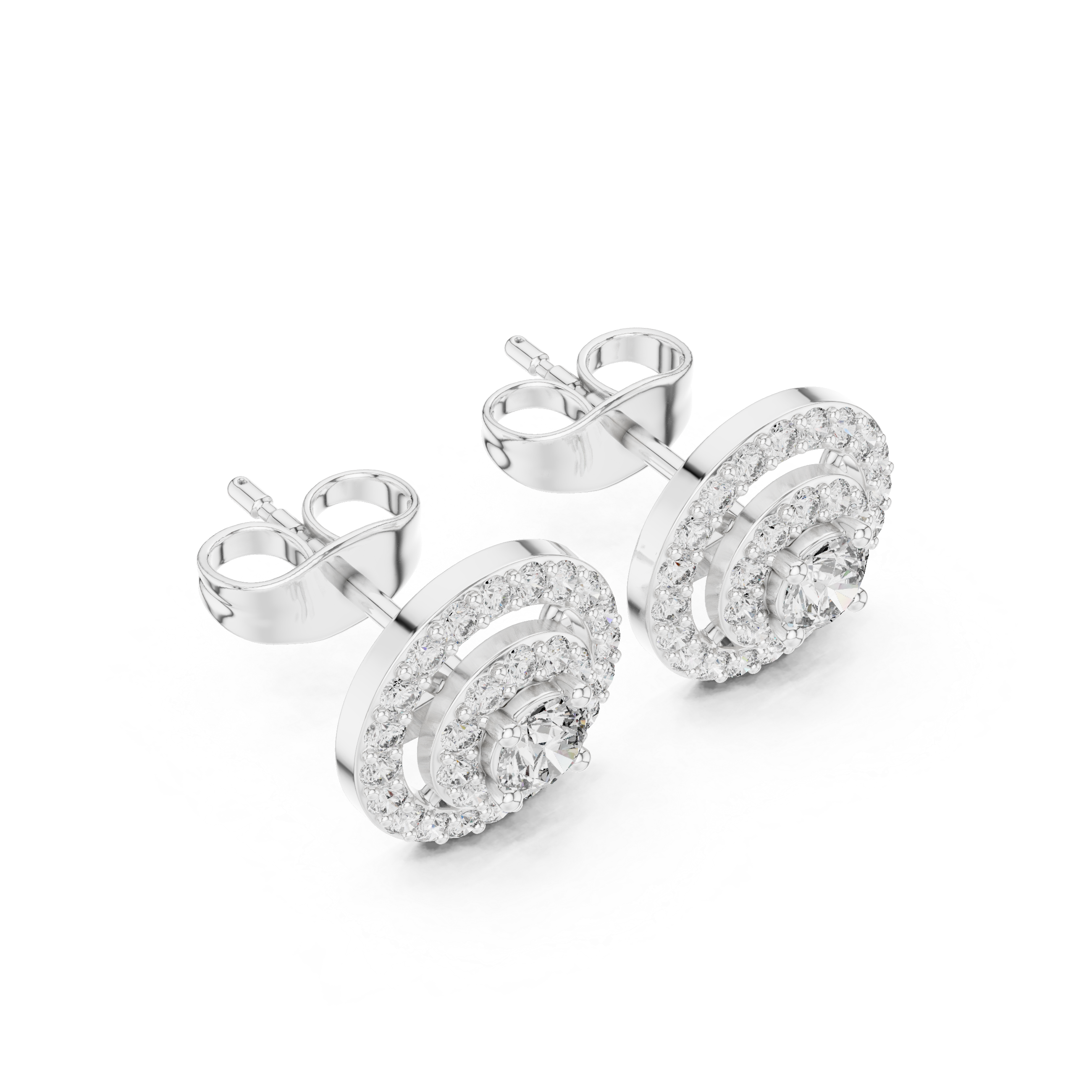 White double halo round stud earrings, angled view with pavé halos and center stones