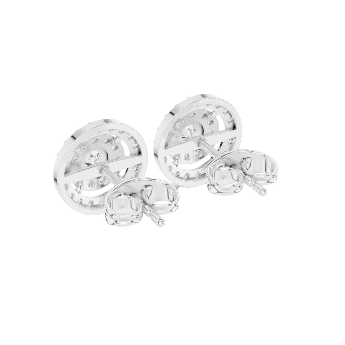 White double halo stud earrings showing backs with round pavé detail