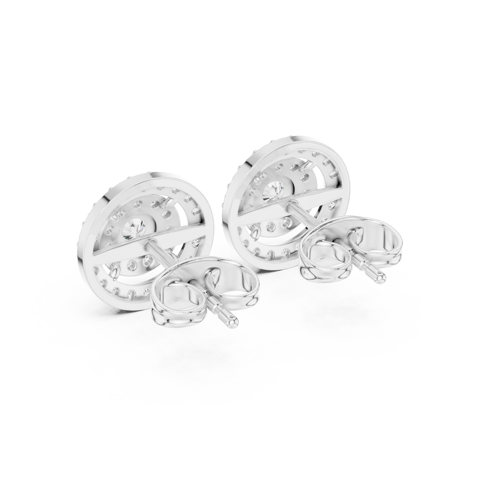 White double halo stud earrings showing backs with round pavé detail