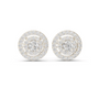 Round double-halo stud earrings with central round diamond, white-gold setting.