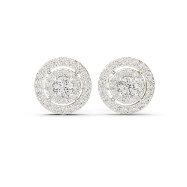 Round double-halo stud earrings with central round diamond, white-gold setting.