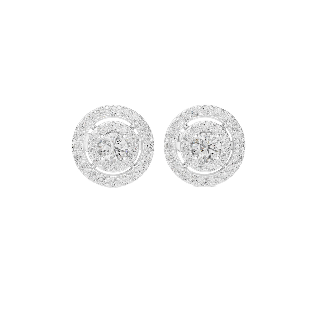 Round diamond medallion cluster stud earrings, white metal, tiered halo design