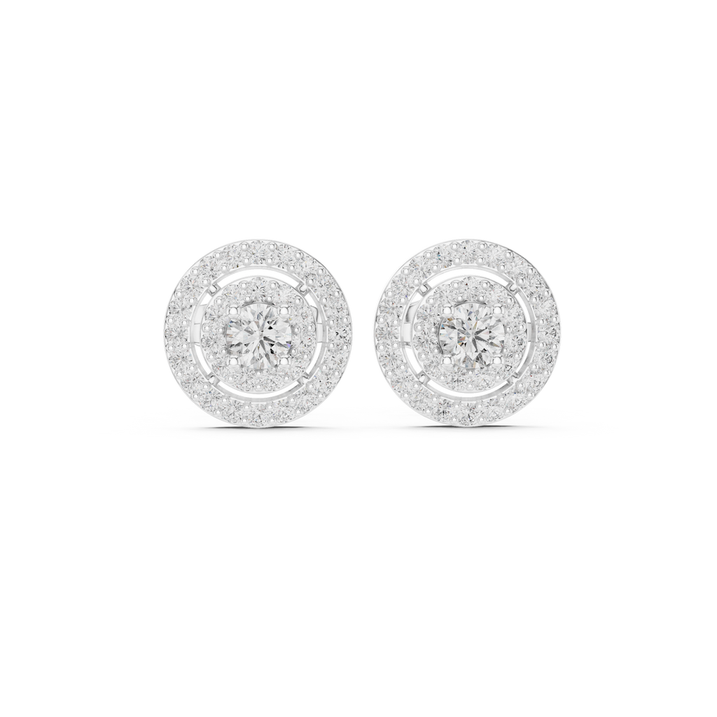 Round diamond medallion cluster stud earrings, white metal, tiered halo design