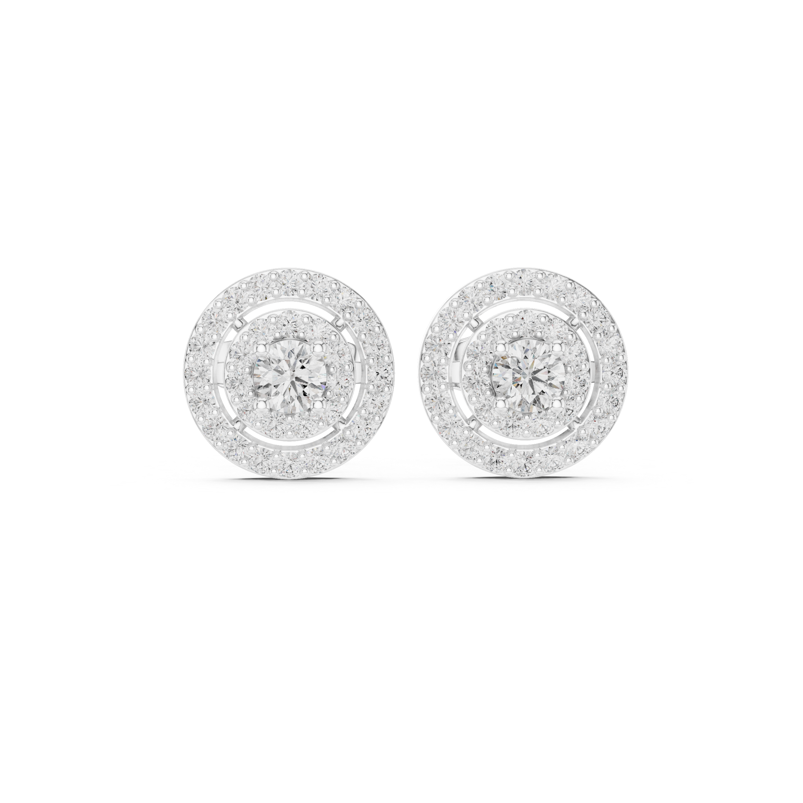 White double halo round stud earrings with radiant center stones and clear pavé