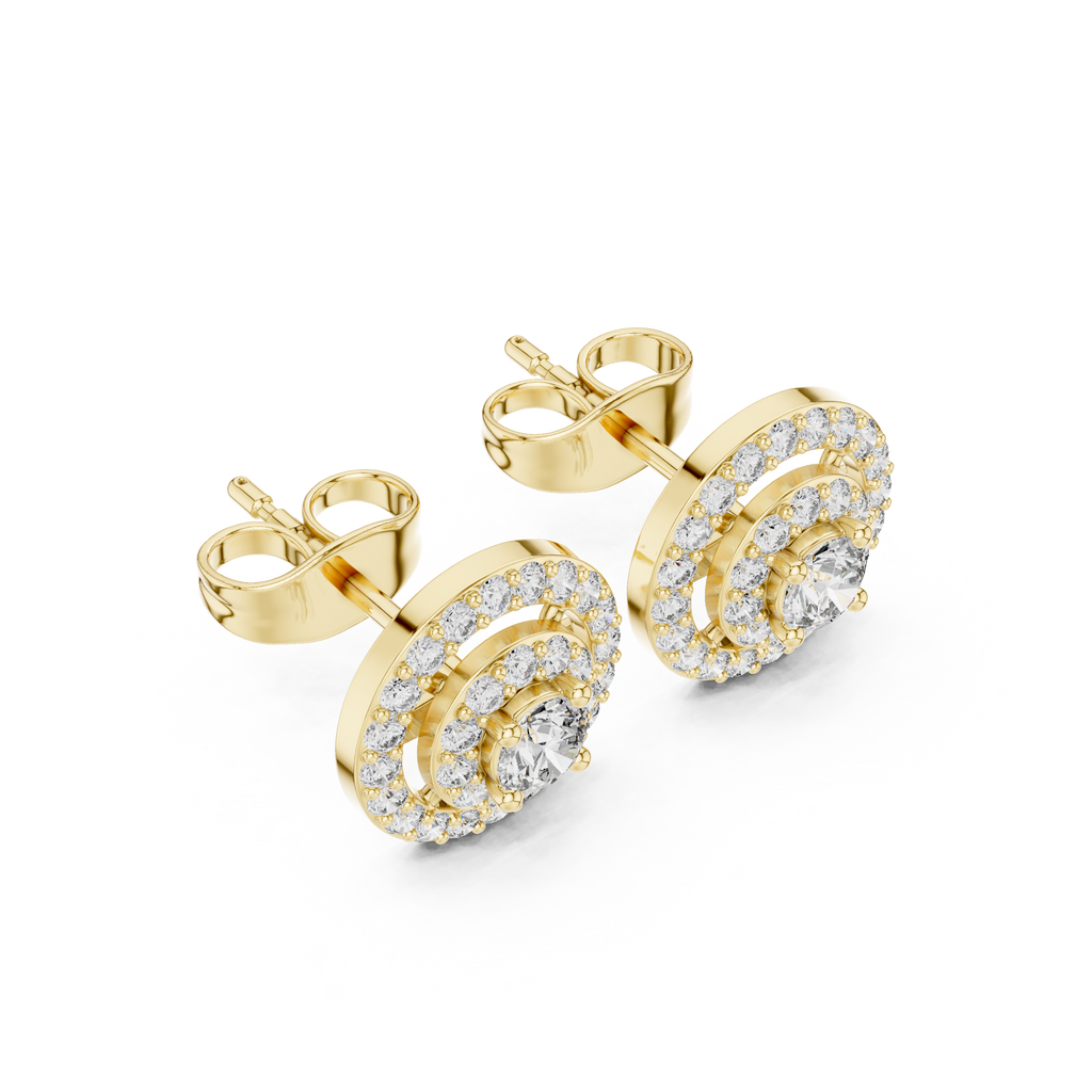 Gold double halo round stud earrings with radiant center stones and clear pavé accents