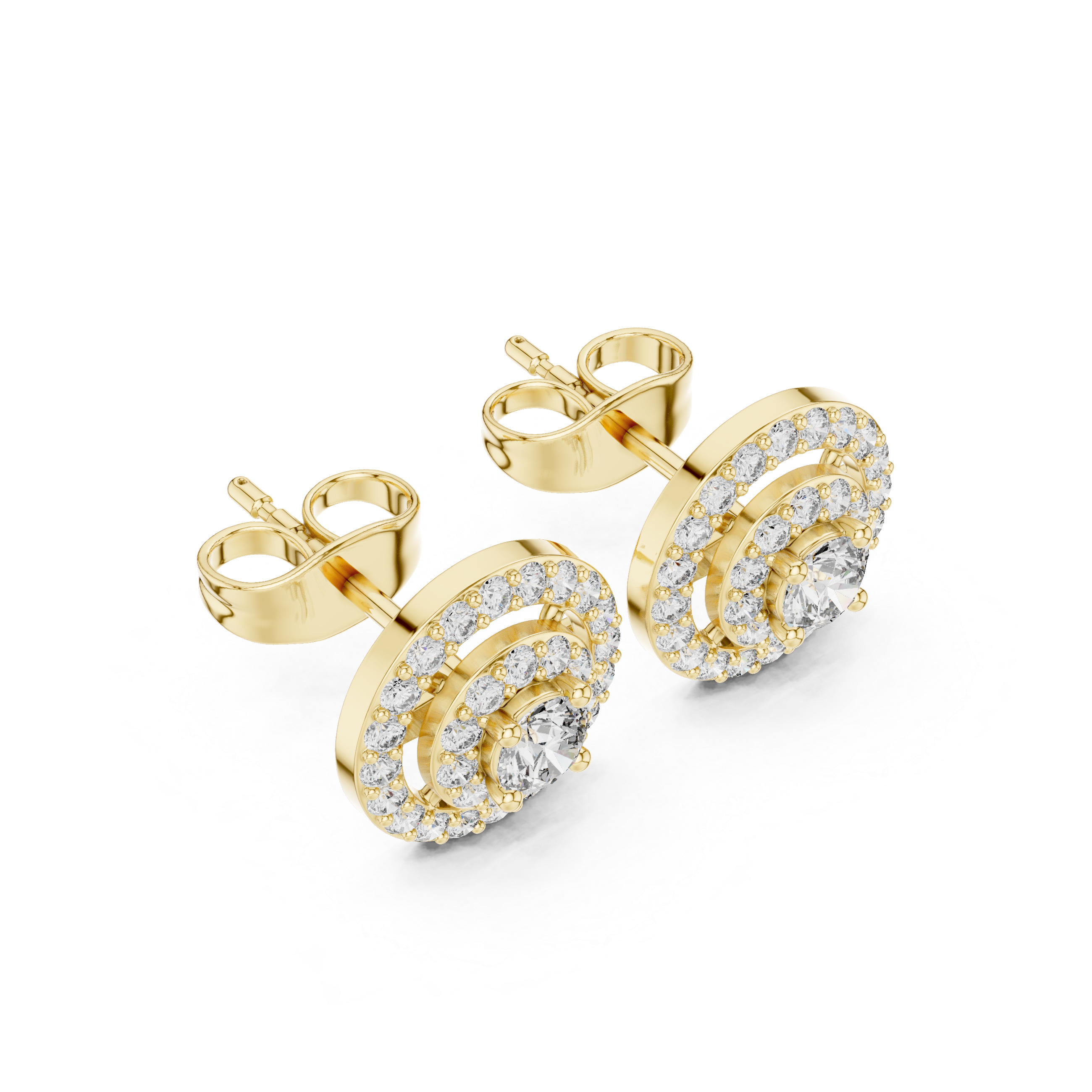 Gold double halo round stud earrings with radiant center stones and clear pavé accents