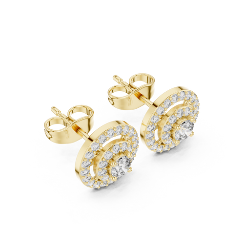 Gold double halo round stud earrings with radiant center stones and clear pavé accents