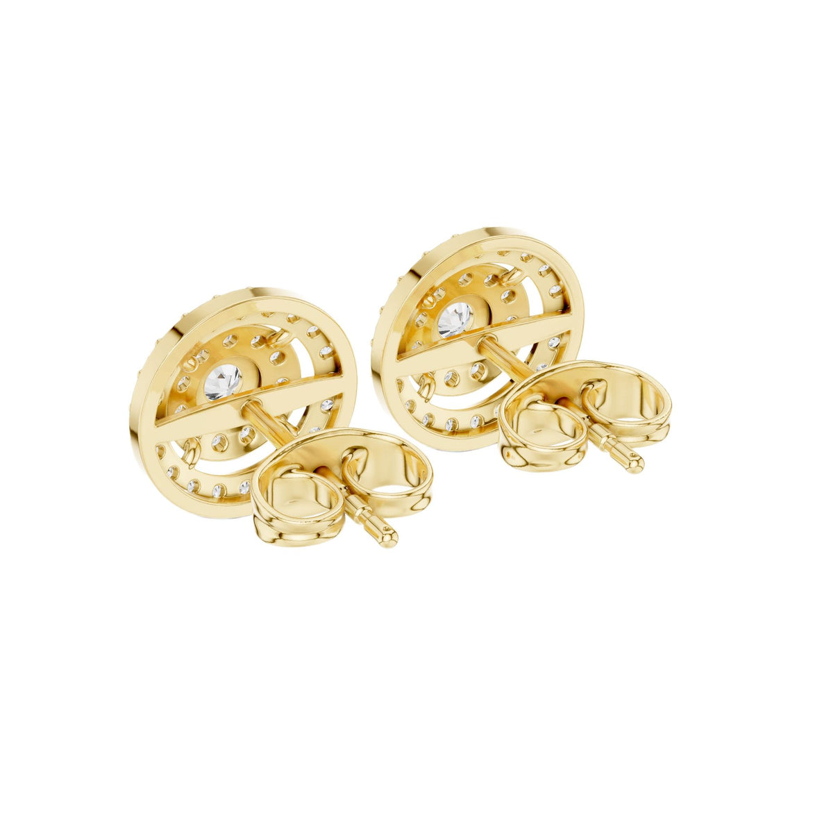 Round diamond medallion cluster stud earrings, yellow gold, view of back posts