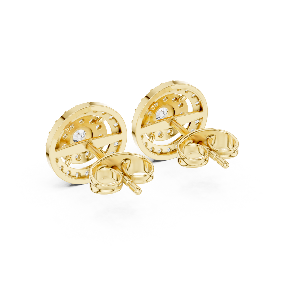 Gold double halo stud earrings showing backs with round pavé trim