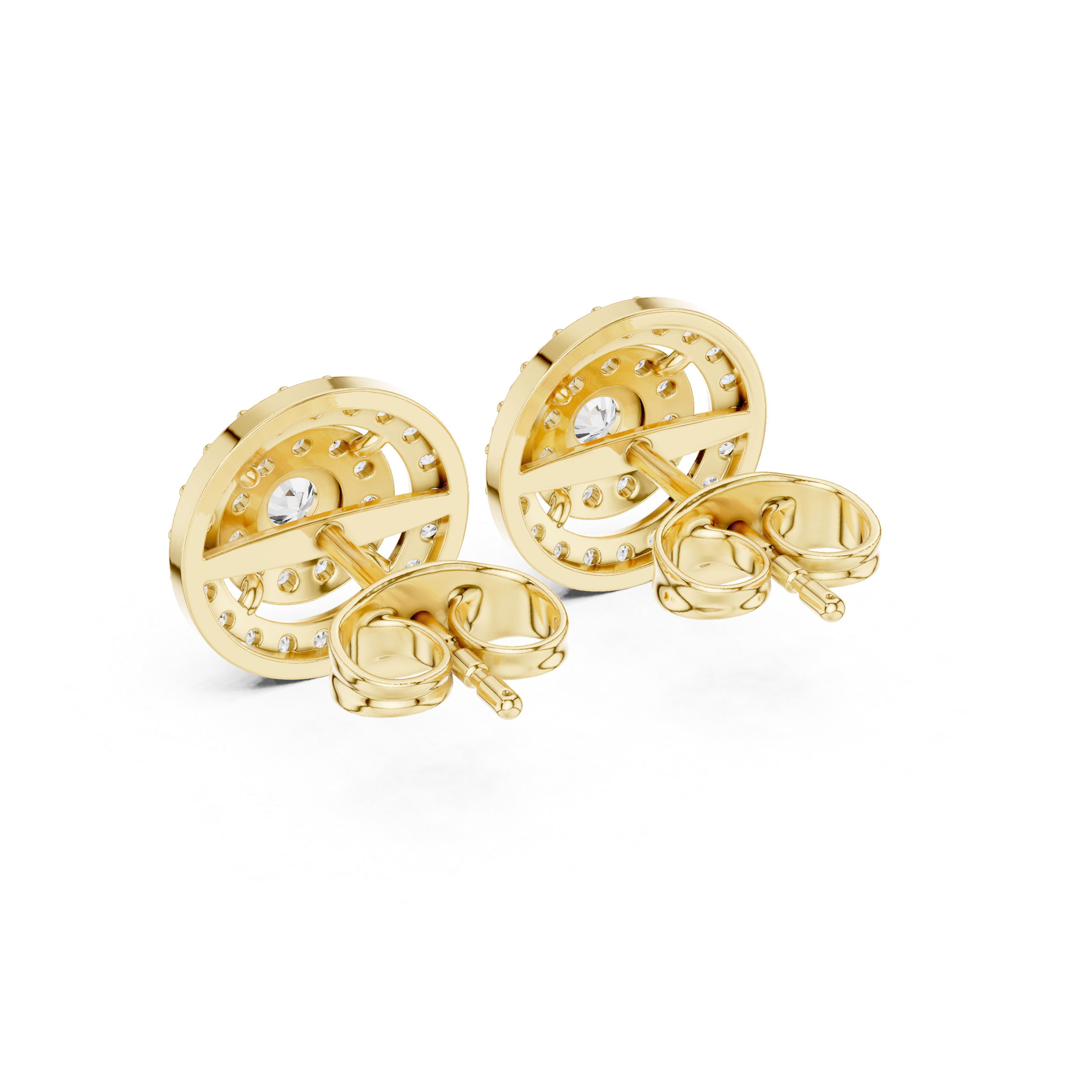 Gold double halo stud earrings showing backs with round pavé trim