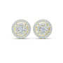 Round double-halo stud earrings with central round diamond, yellow-gold setting.