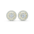 Round double-halo stud earrings with central round diamond, yellow-gold setting.
