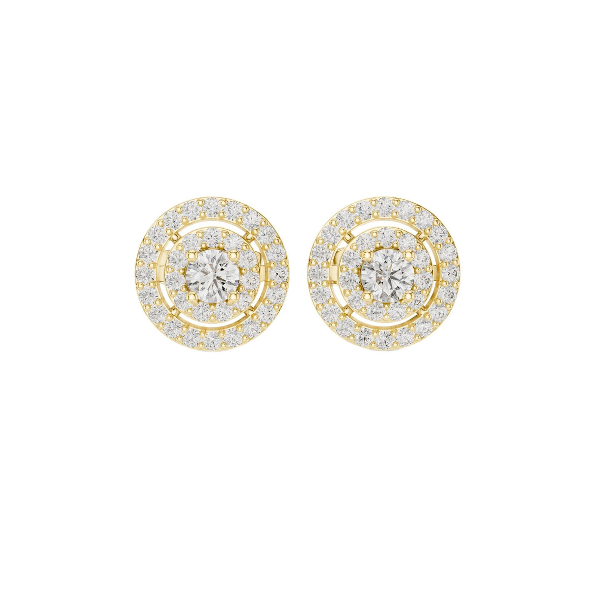 Round diamond medallion cluster stud earrings, two-tone gold, tiered halo