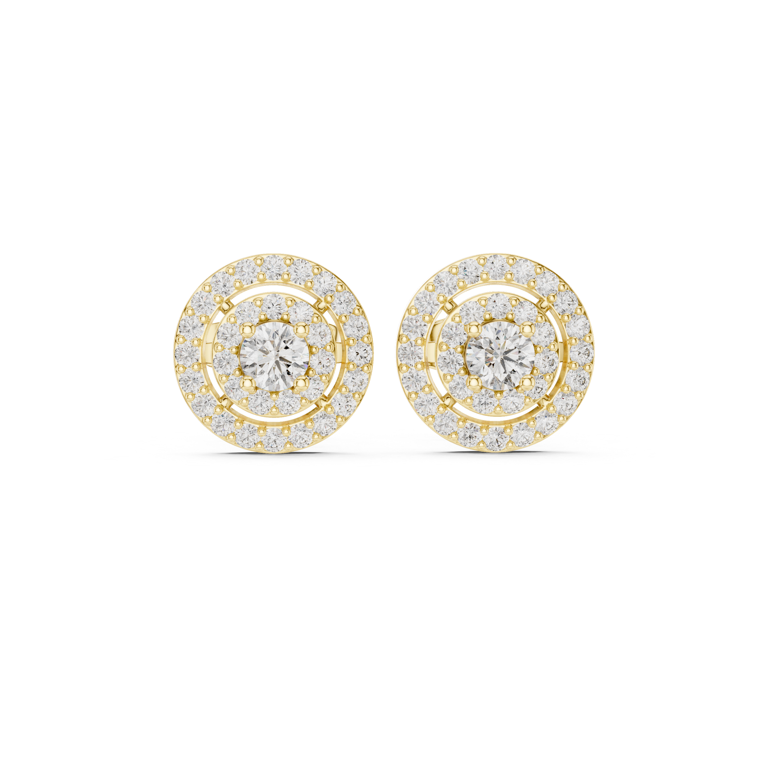 Round diamond medallion cluster stud earrings, two-tone gold, tiered halo
