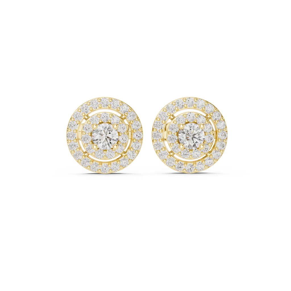 Gold double halo round stud earrings, front view with pavé halo and center stone
