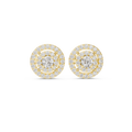 Gold double halo round stud earrings, front view with pavé halo and center stone