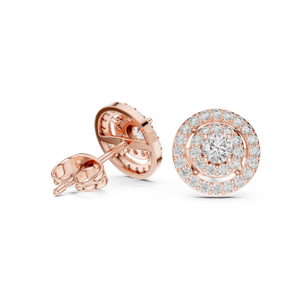 Round double halo stud earrings with central round stone and clear pavé, rose gold tone