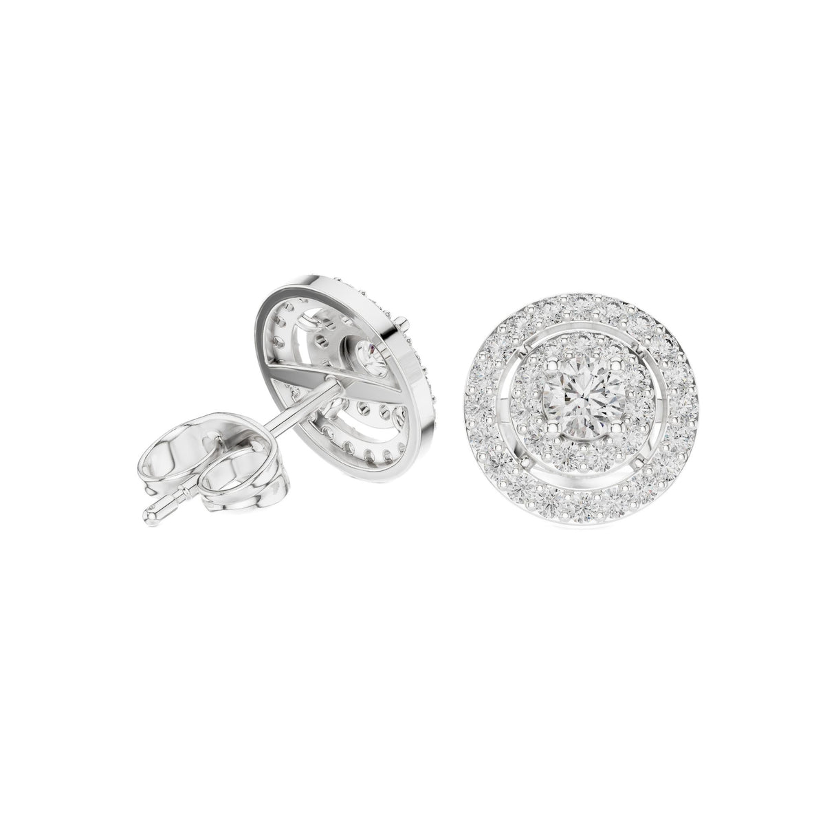 Round diamond medallion cluster stud earrings, platinum color, tiered halo