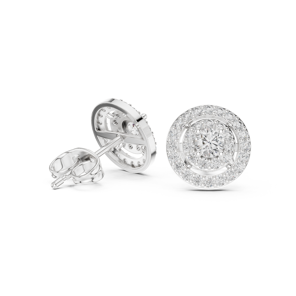 White double halo round stud earrings with pavé halo and center stones, front view