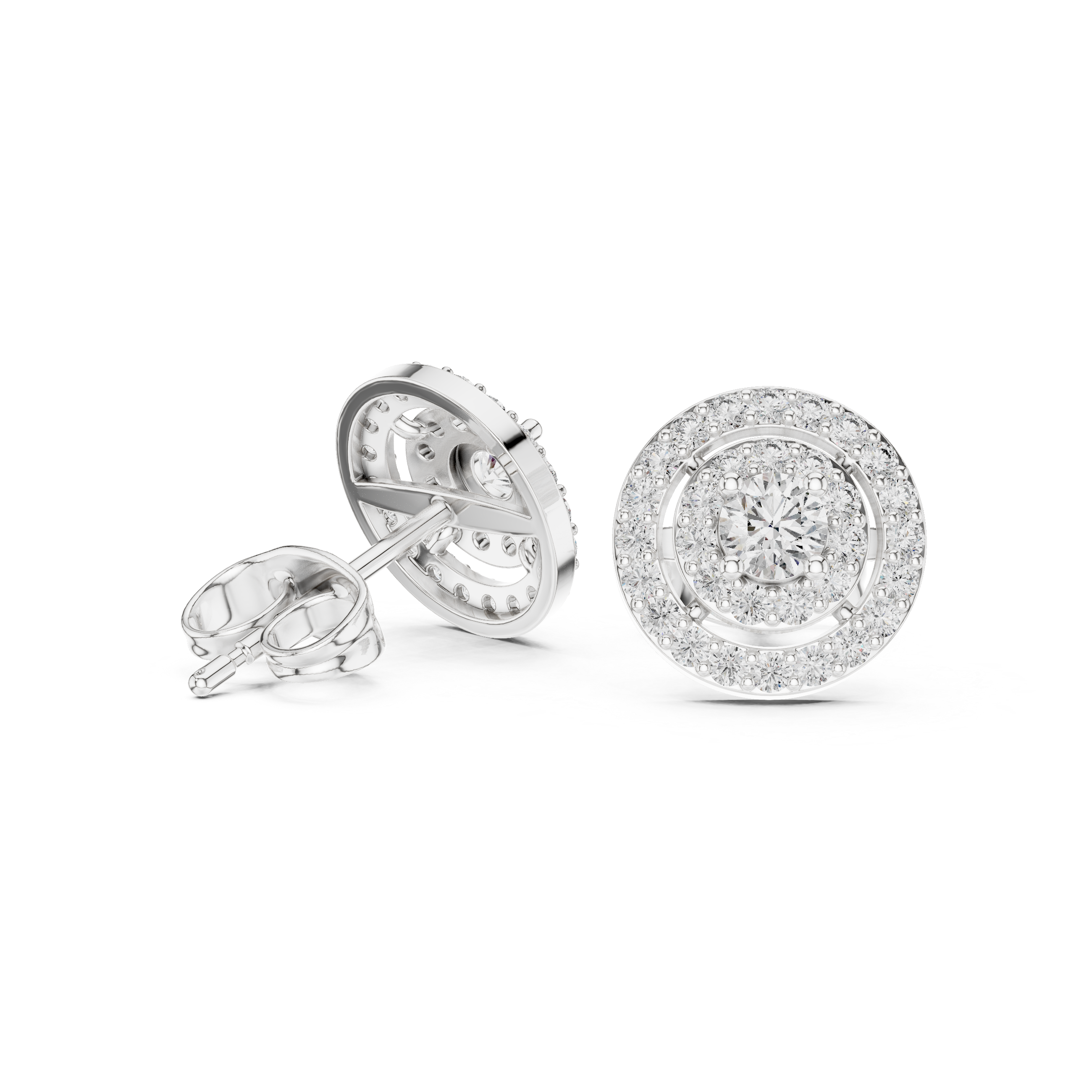 White double halo round stud earrings with pavé halo and center stones, front view