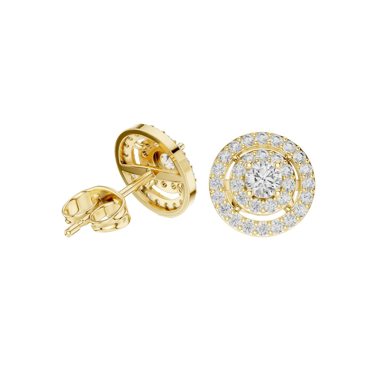 Round diamond medallion cluster stud earrings, yellow gold, radiant tiered halo