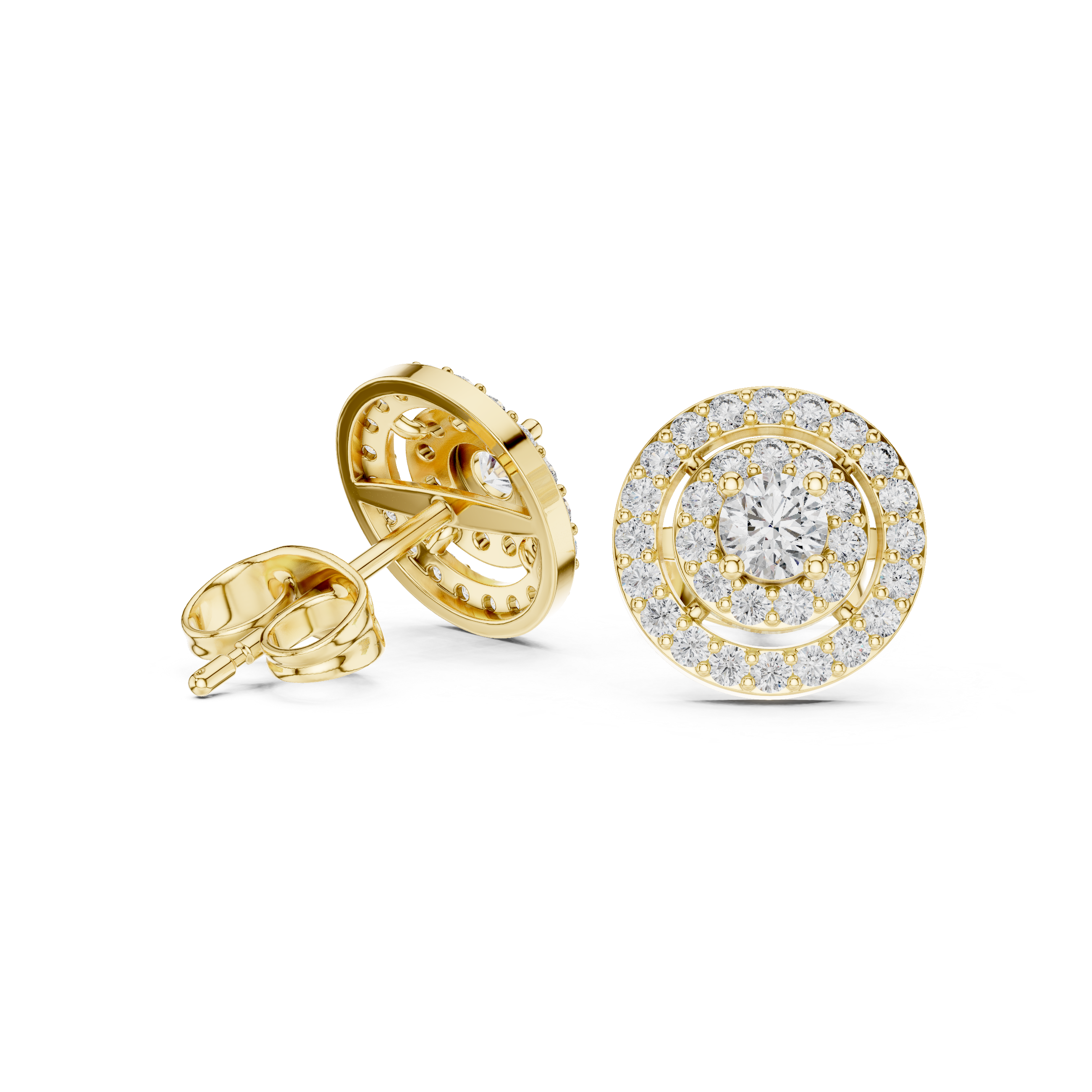 Gold double halo stud earrings with round center stones; front and back detail
