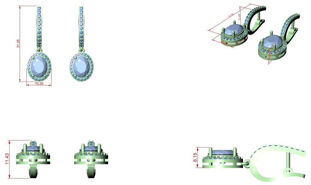Blue oval gemstone drop earrings with micro-prong halo, shown in multiple views