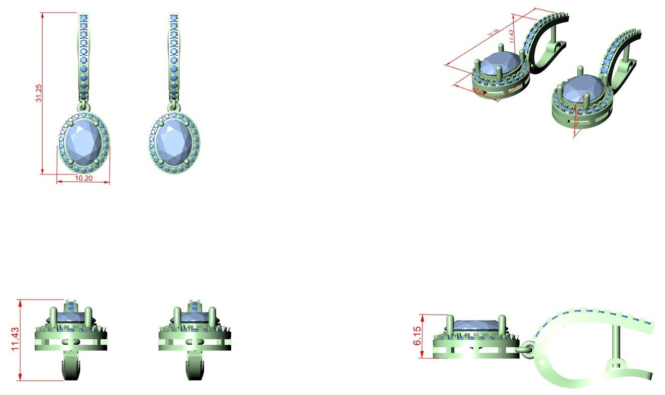 Blue oval gemstone drop earrings with micro-prong halo, shown in multiple views