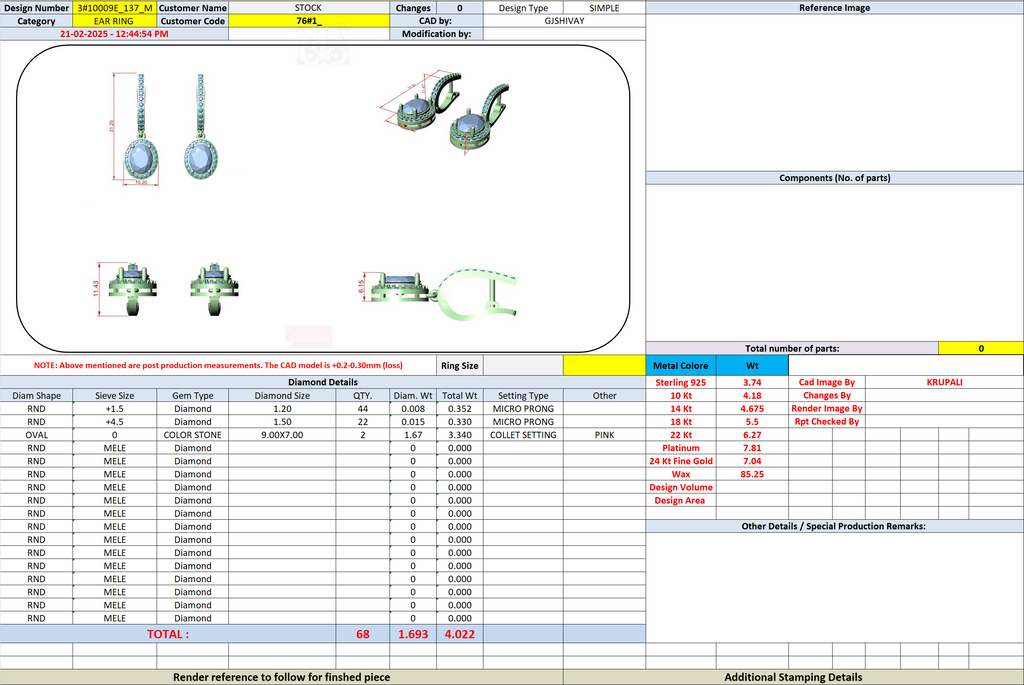 Earring design specification sheet with oval gemstone drop earrings renderings