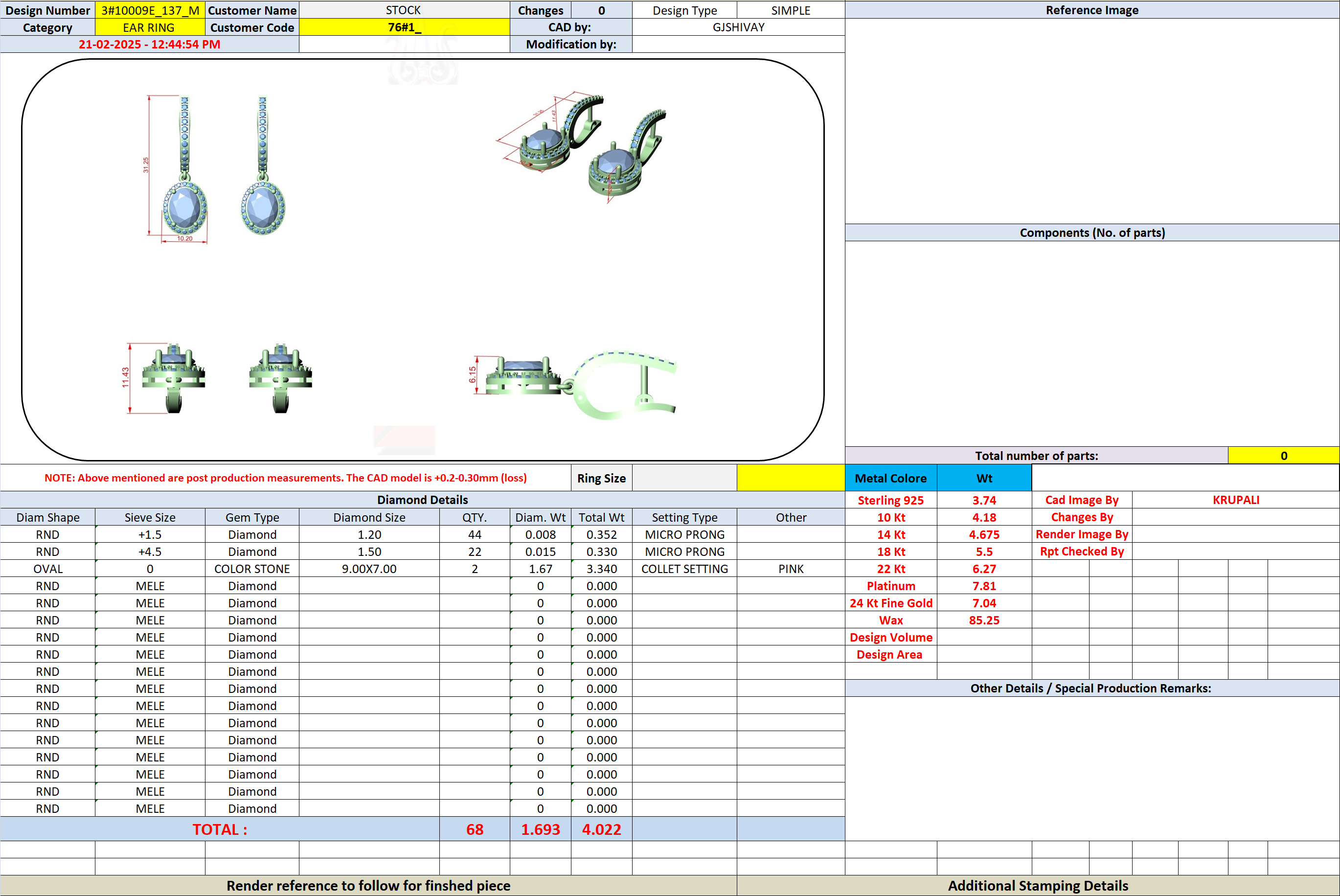 Earring design specification sheet with oval gemstone drop earrings renderings