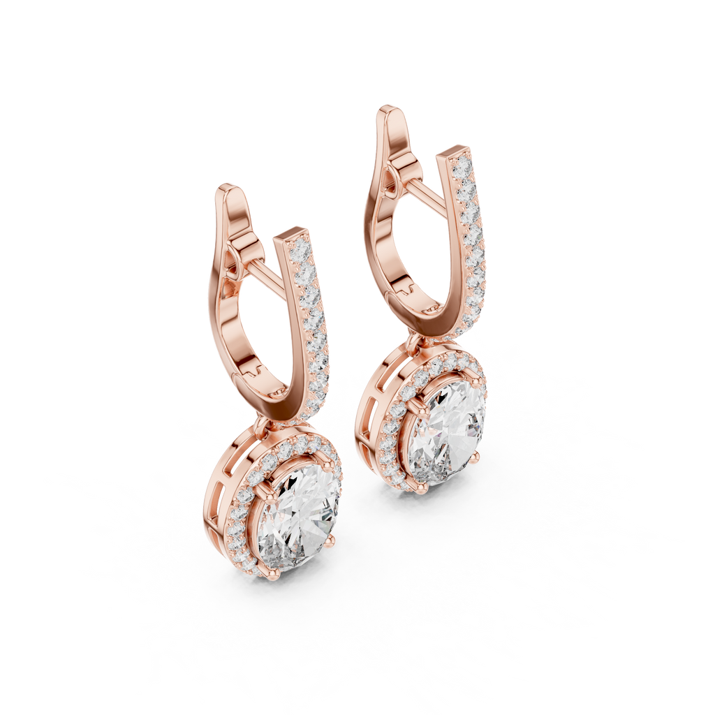 Rose gold oval gemstone drop earrings with micro-prong halo and hinged hoops