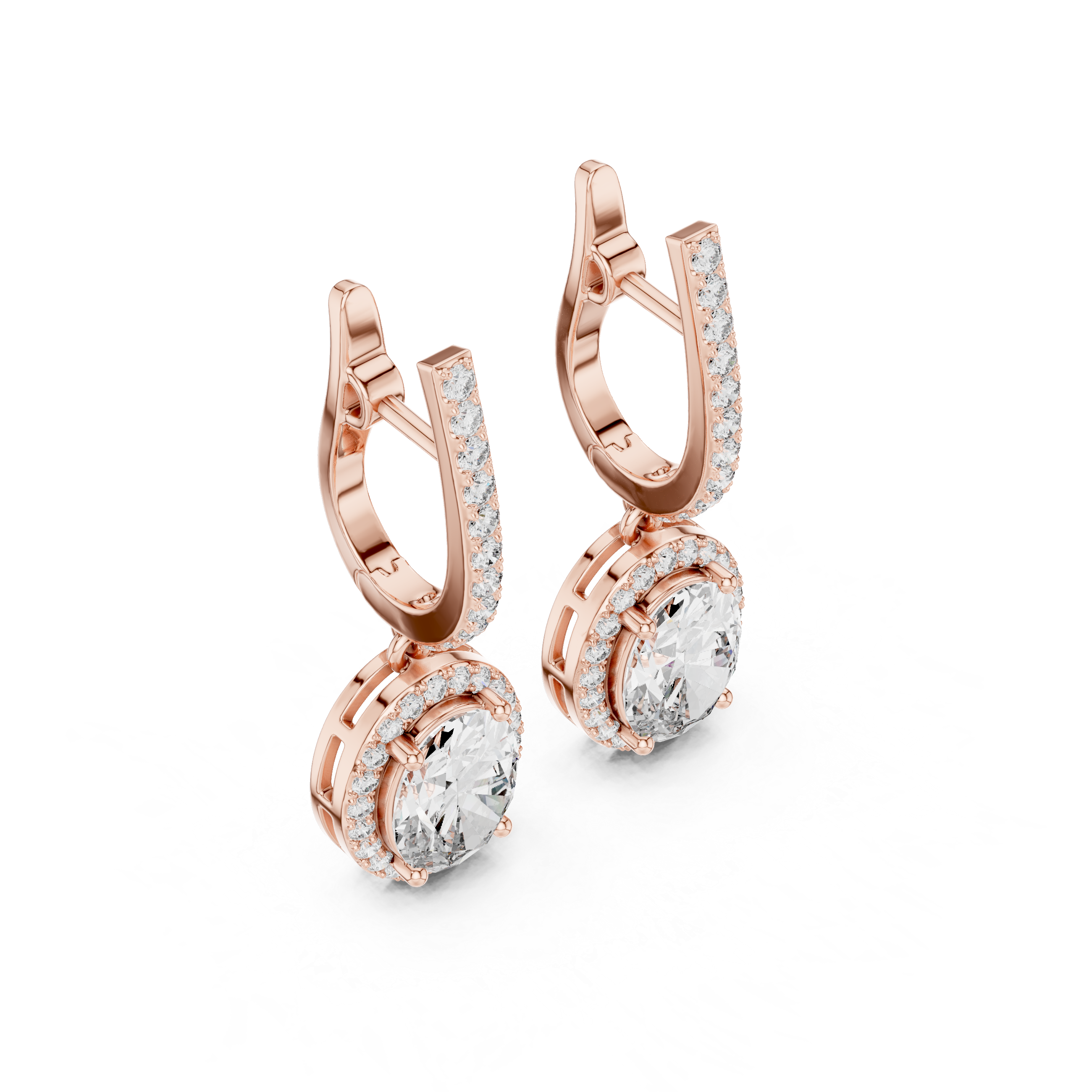 Rose gold oval gemstone drop earrings with micro-prong halo and hinged hoops