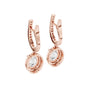 Rose gold hinged drop earrings with oval center gemstone and circular halo surround