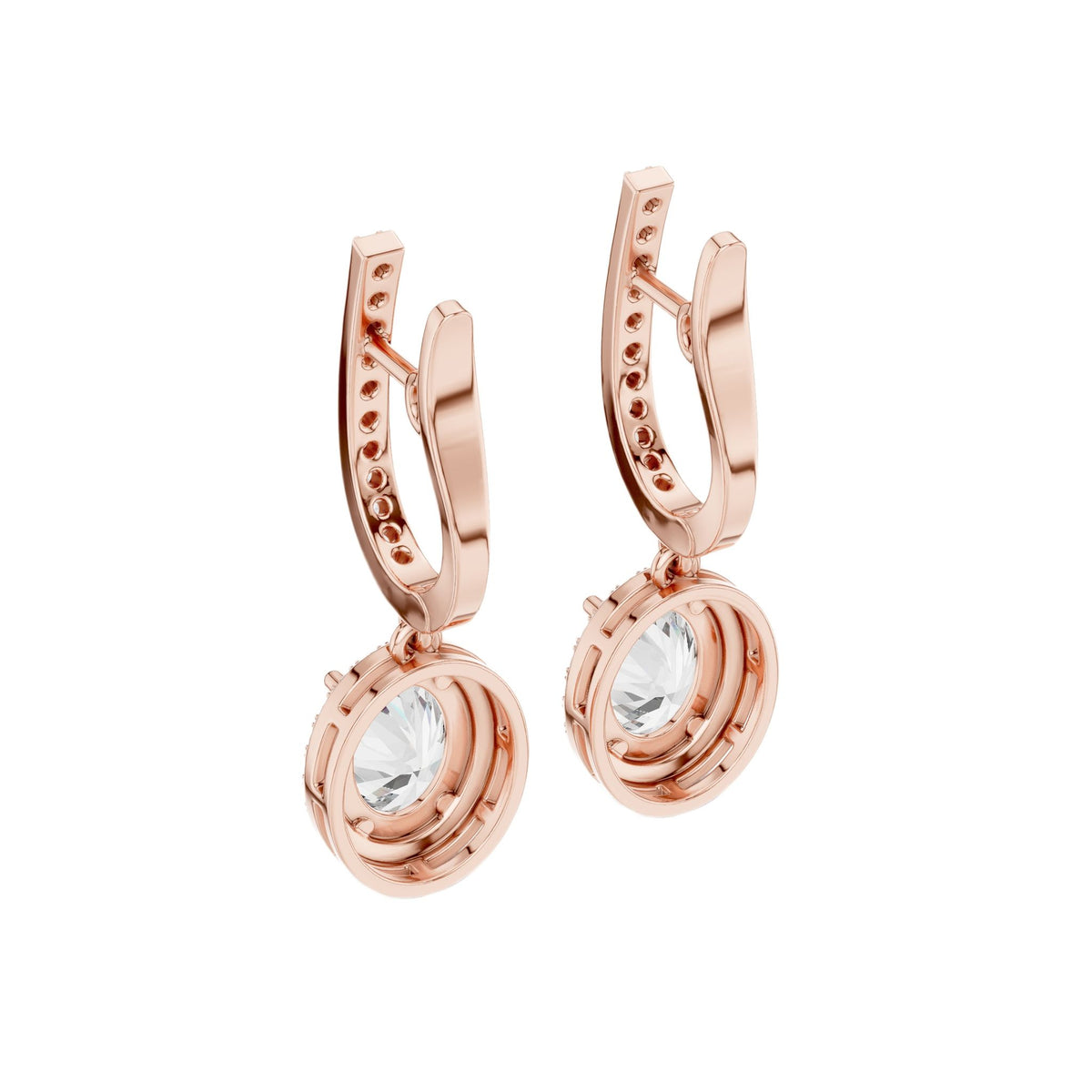Rose gold hinged drop earrings with oval center gemstone and circular halo surround