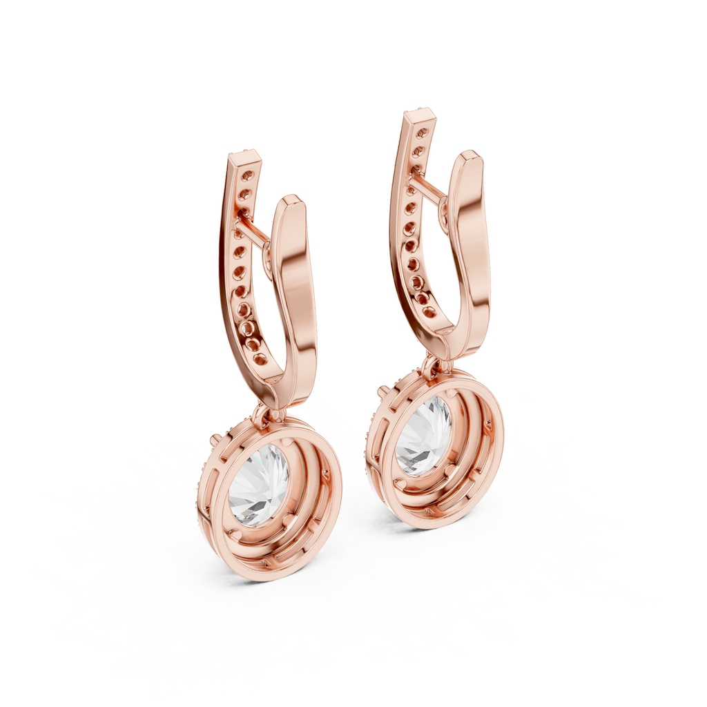 Rose gold hinged drop earrings with oval center gemstone and circular halo surround
