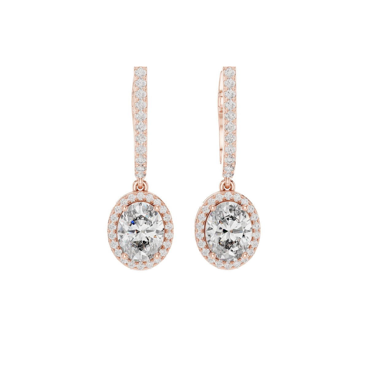 Rose gold oval gemstone drop earrings with pavé halo and elongated top bars