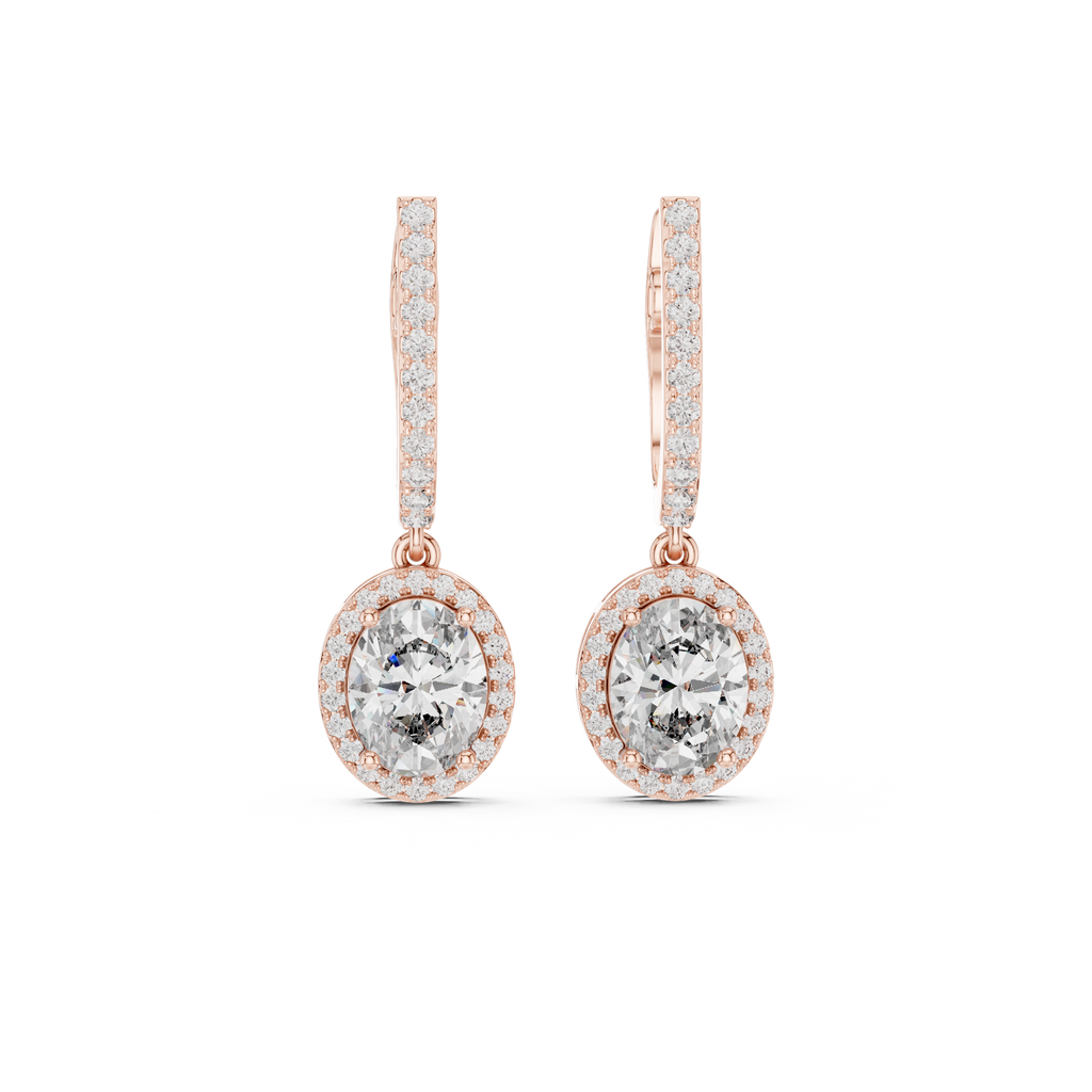 Rose gold oval gemstone drop earrings with pavé halo and elongated top bars