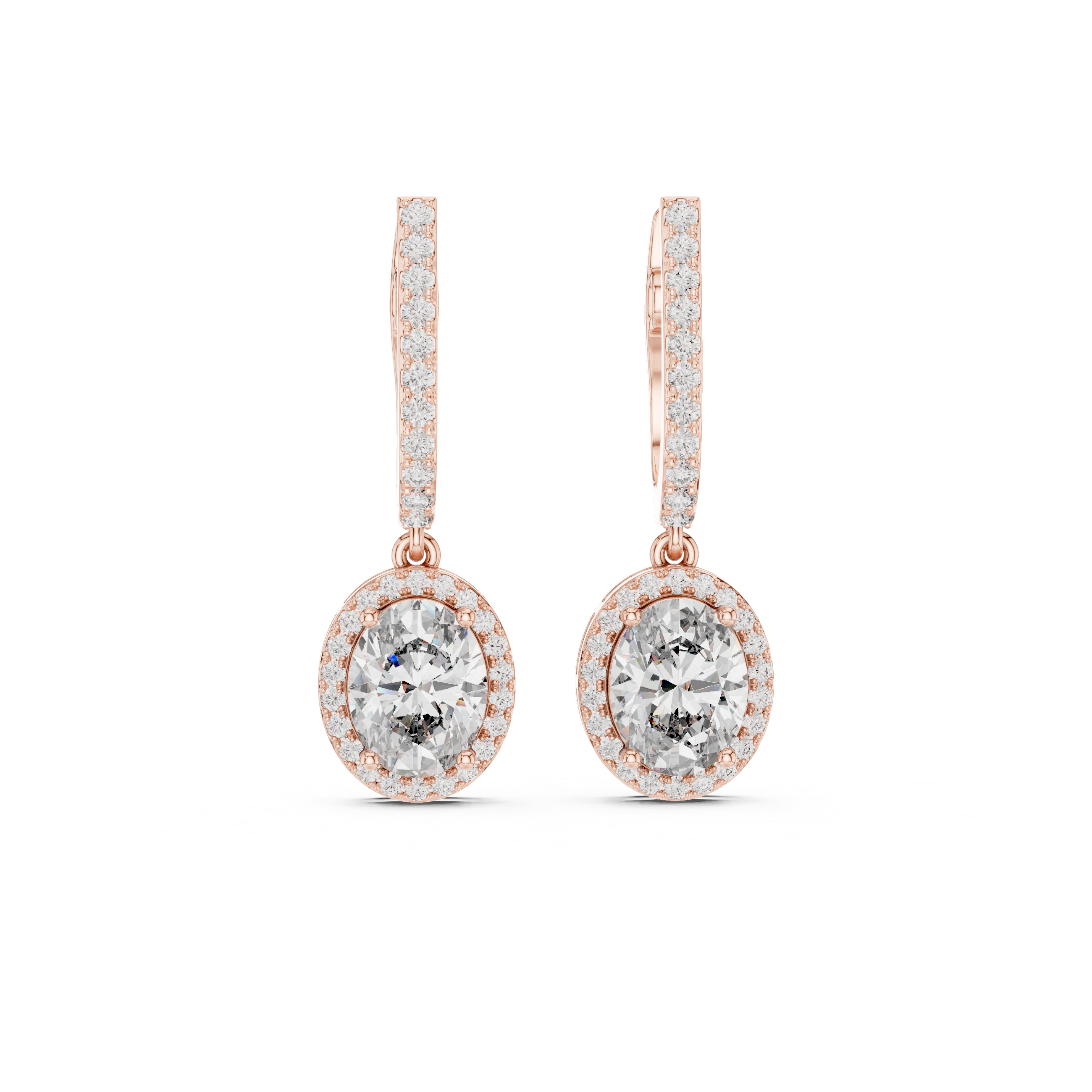 Rose gold oval gemstone drop earrings with pavé halo and elongated top bars